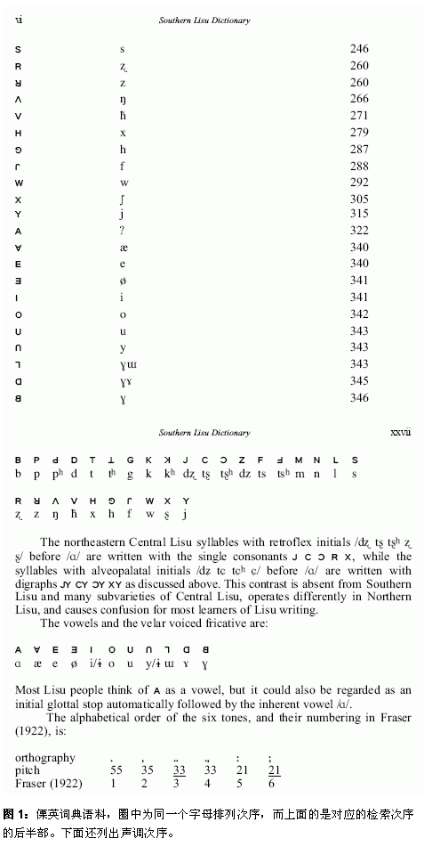 文本框:  
图8：傈英词典语料，圈中为同一个字母排列次序，而上面的是对应的检索次序的后半部。下面还列出声调次序。
